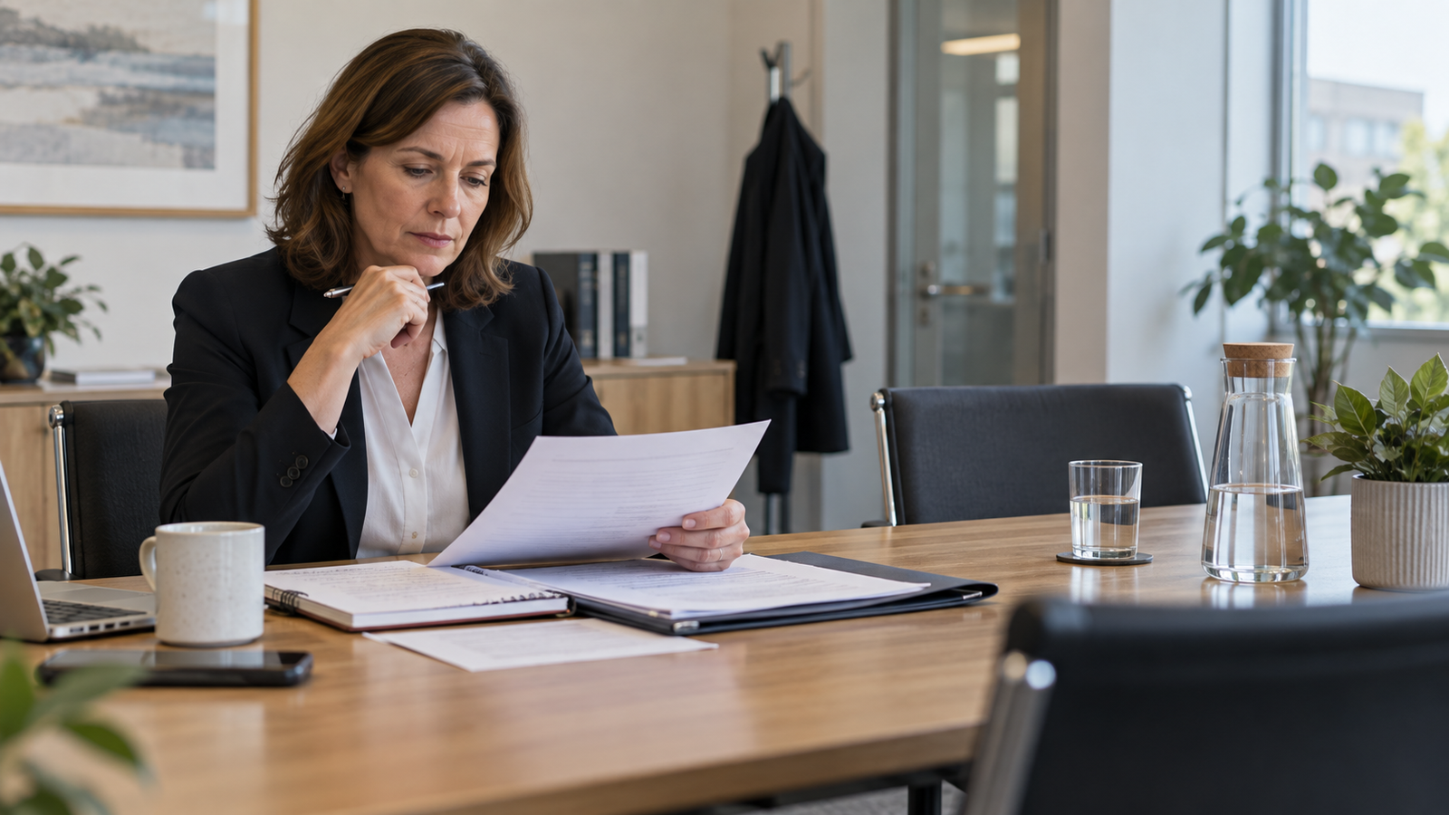 HR professional reviewing disciplinary documents before an employee meeting