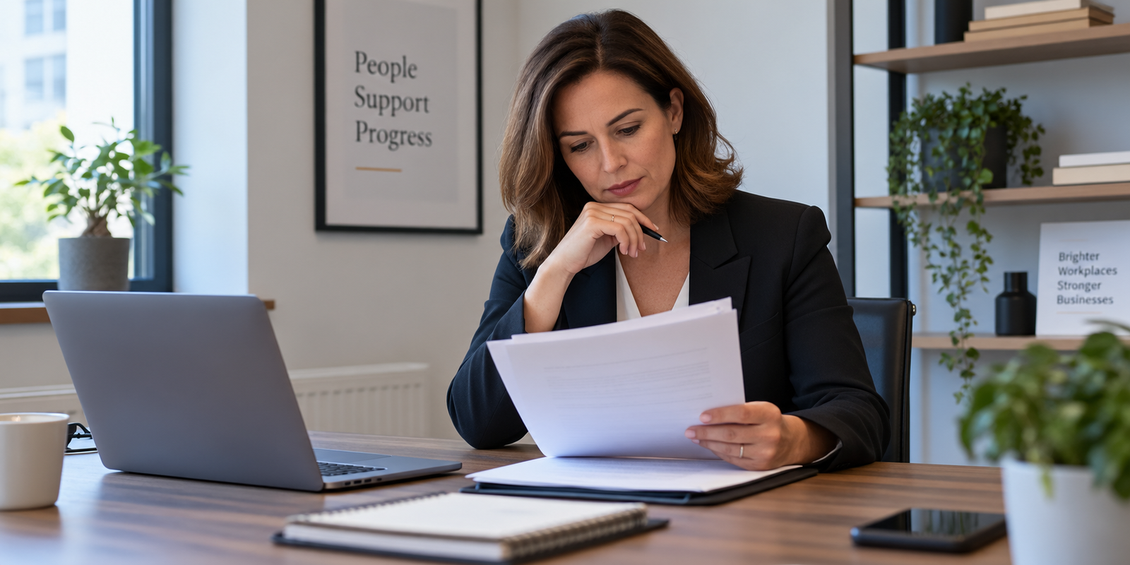 Manager reviewing notes before an employee meeting