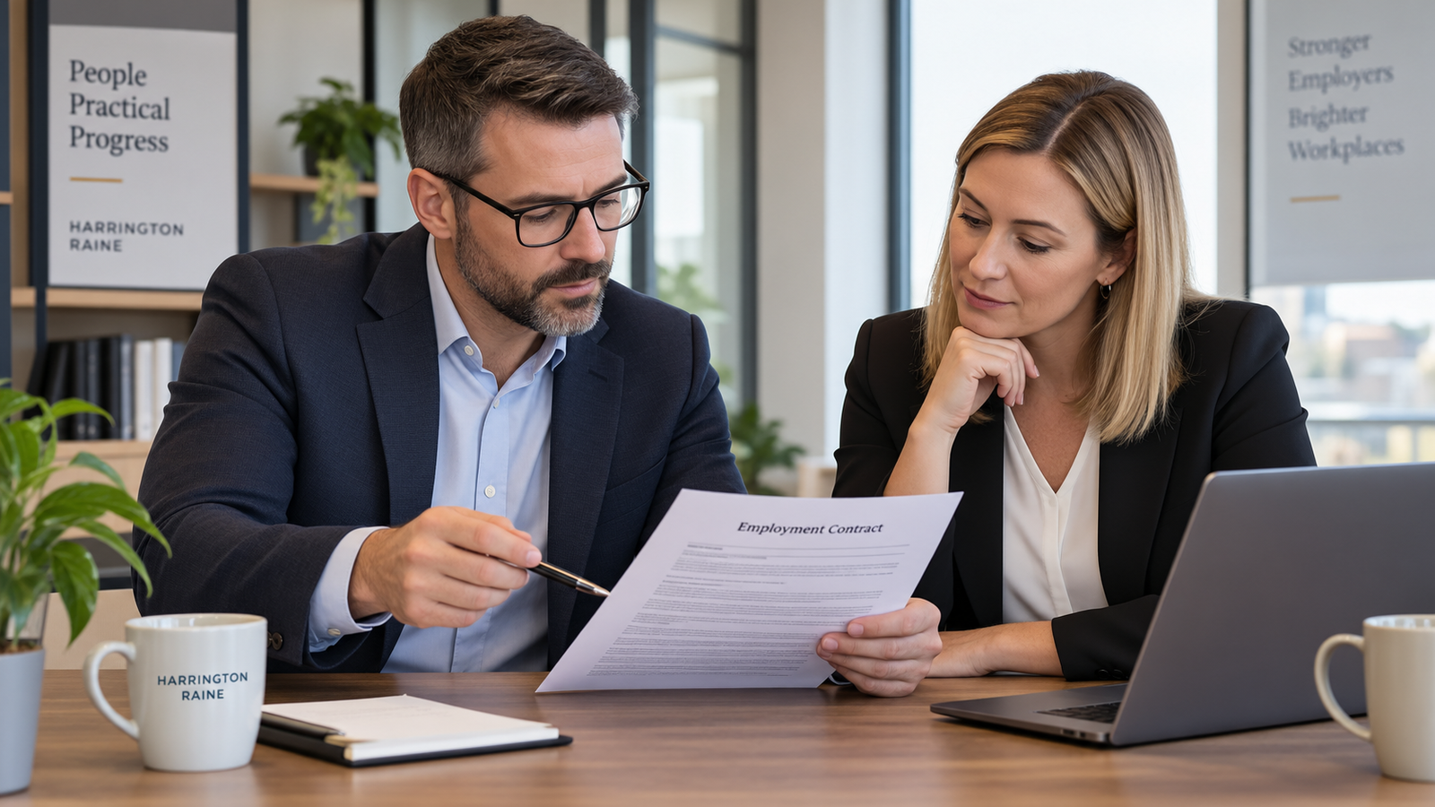 Manager reviewing proposed changes to an employment contract with an HR professional
