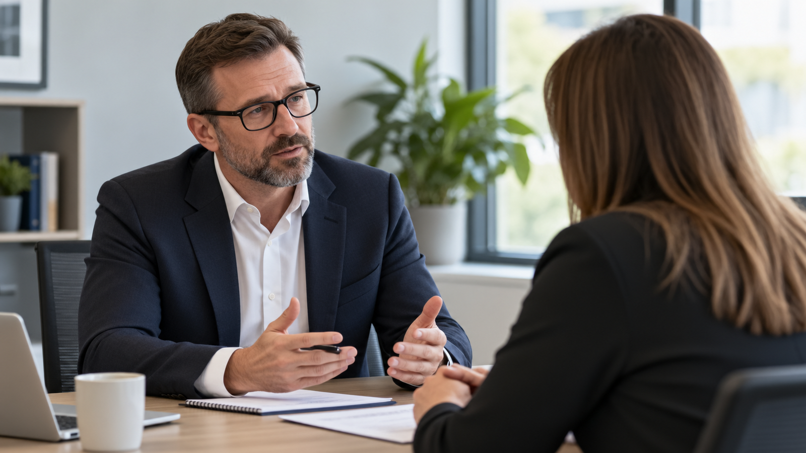 Manager holding a private workplace discussion with an employee